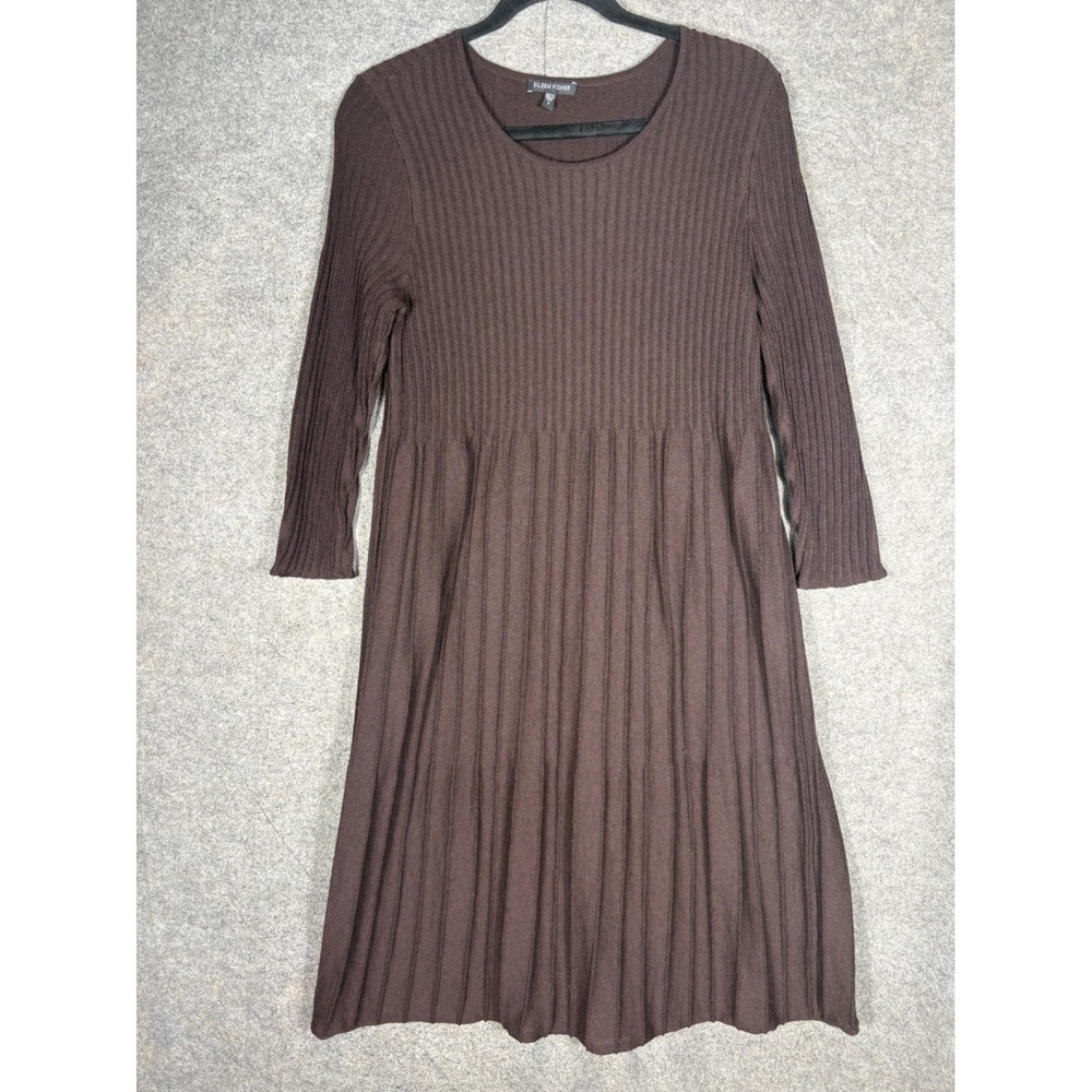 Eileen Fisher Brown 100% Wool Ribbed Knit Tiered Sweater Dress R2Y0-3 Womens S